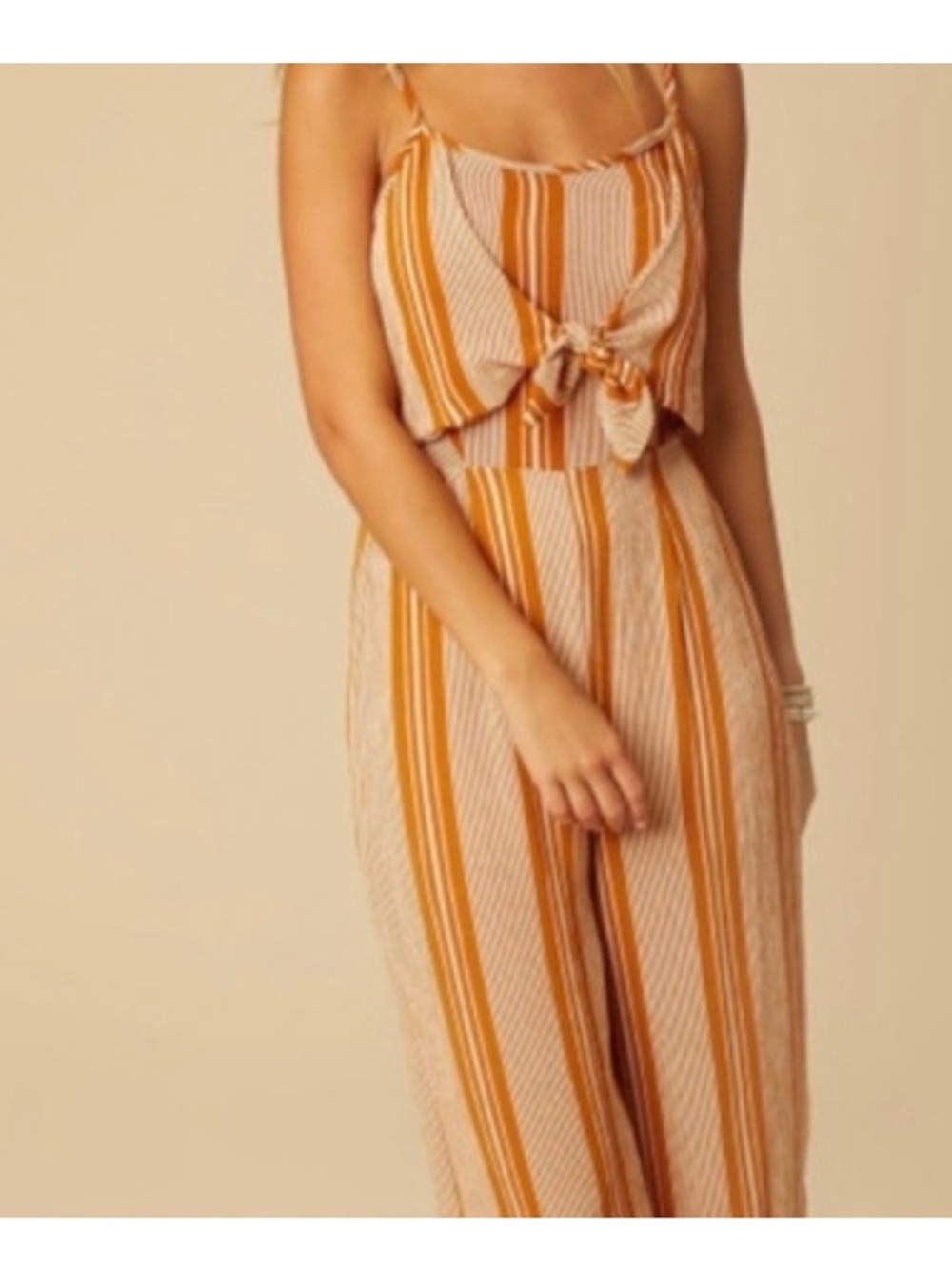 Altar'd State Orange & Cream Striped Tie-Front Jumpsuit Good Condition Small